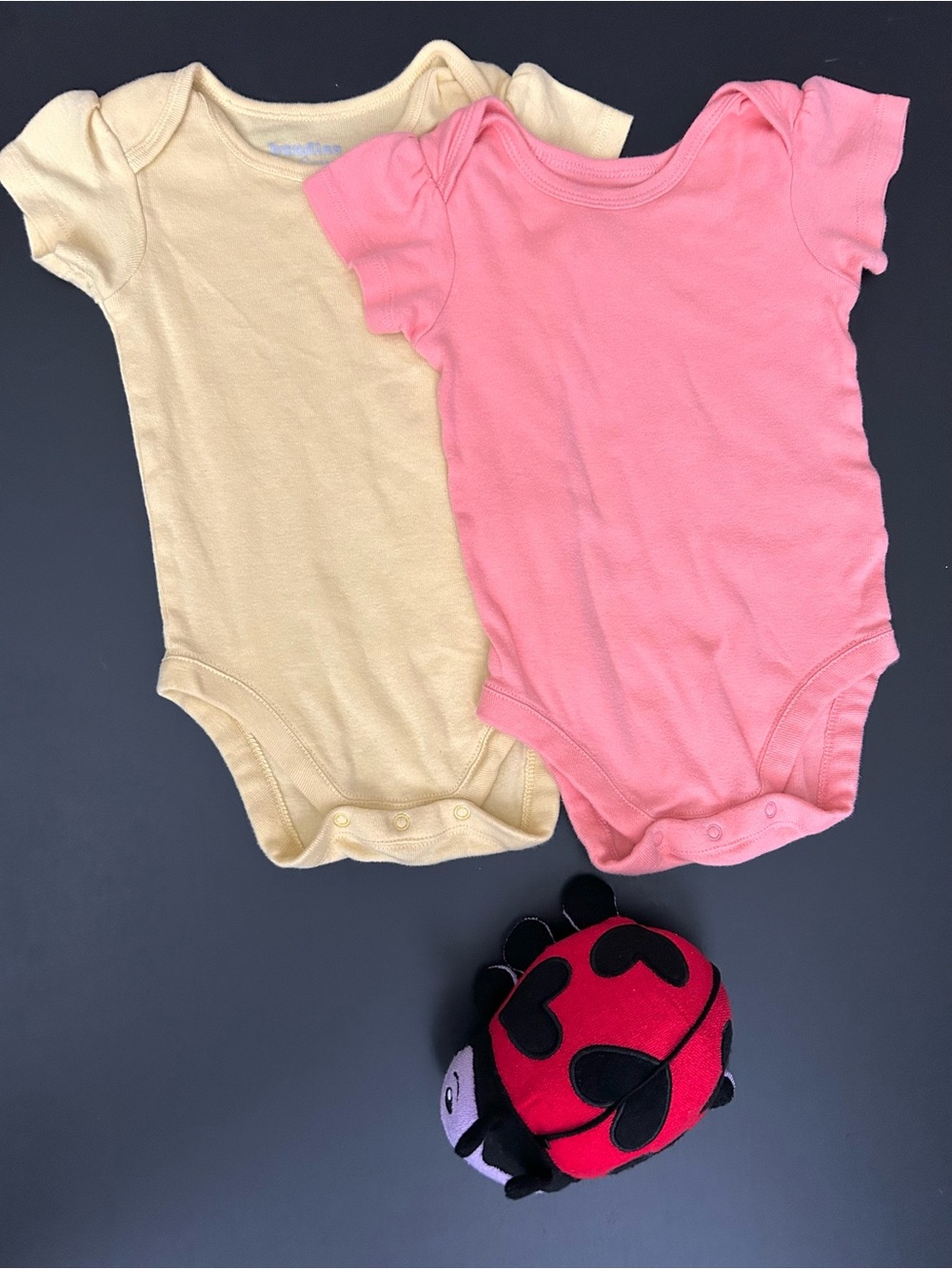 2-Pack Soft Cotton Baby Bodysuit Set in Pink & Yellow + Ladybug Soft Stuffed Toy